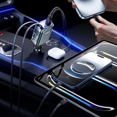 CARGADOR TOOCKI PARA AUTO CABLE DUAL TIPO C  RETRACTIL + USB A + USB C 40130003 105W
