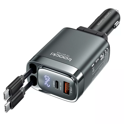 CARGADOR TOOCKI PARA AUTO CABLE DUAL TIPO C  RETRACTIL + USB A + USB C 40130003 105W