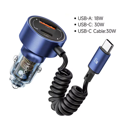 CARGADOR TOOCKI PARA AUTO CABLE USB C TIPO CORD+ USB A + USB C TCCACXHR03 60W
