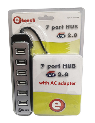 HUB USB 2.0 ETOUCH 7 PUERTOS+ADAPTADOR AC TIPO BARRA  #160333
